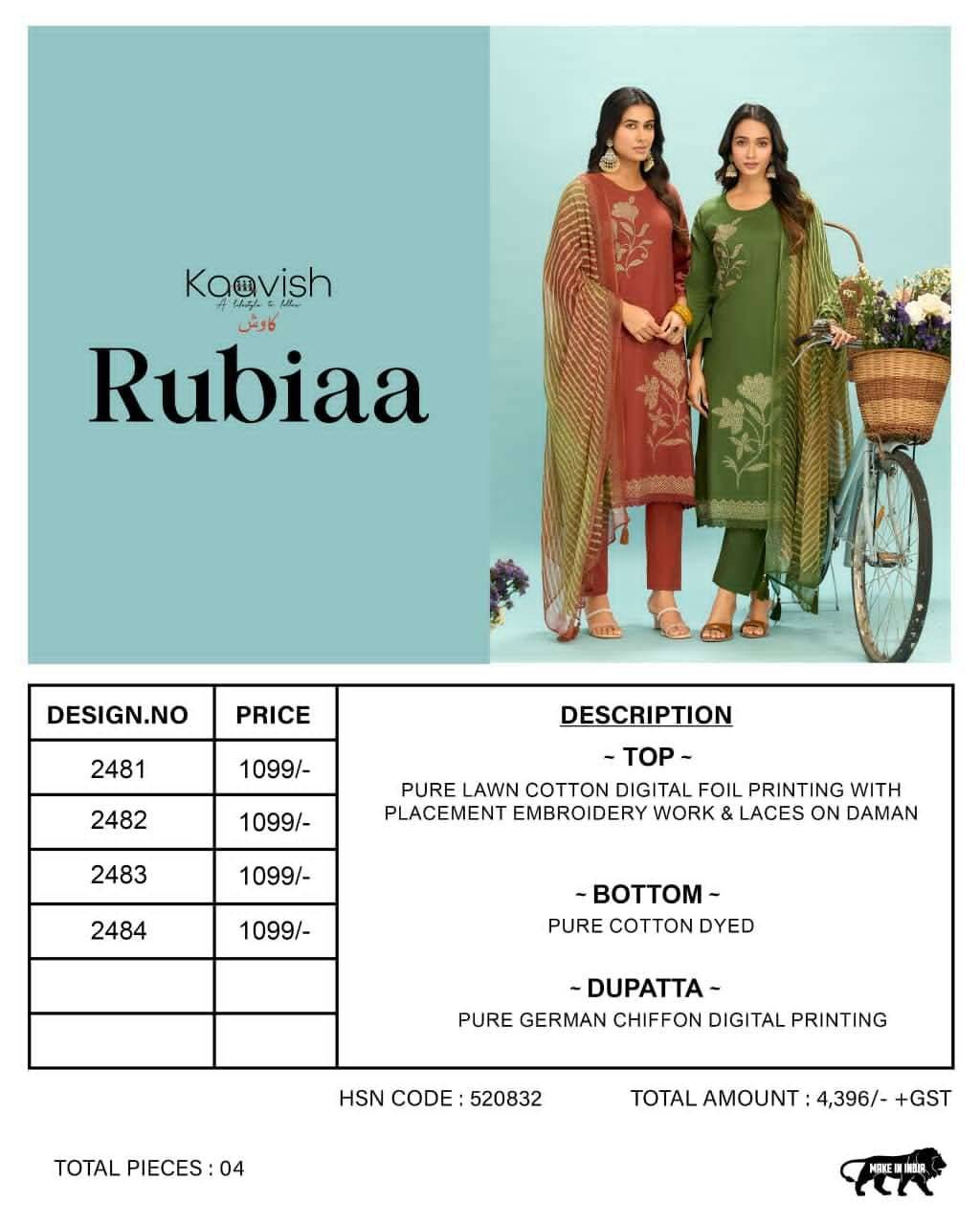 RUBIAA By KAAVISH 2481 To 2484 Stylish Beautiful Colourful PURE LAWN COTTON Dresses At Wholesale Price